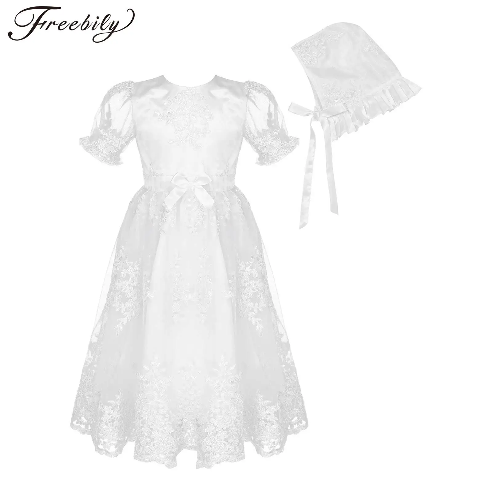 

Kids Girls Daily Dresses Baby Girls Christening Dress Short Sleeve Round Neck with Waist Belt Hat Formal Occasion Or Casual Wear