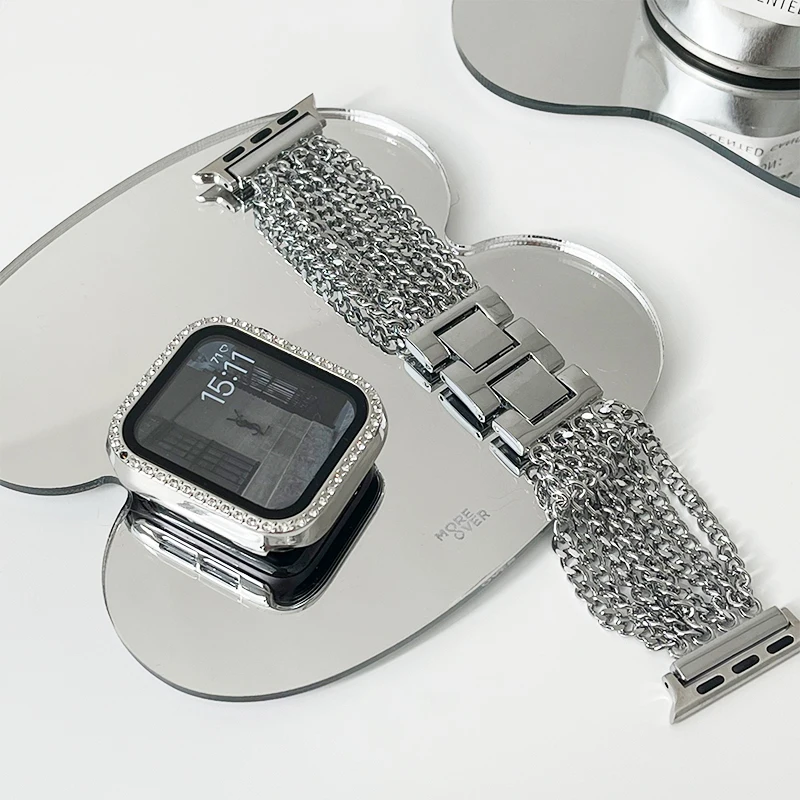 

Ремешок из нержавеющей стали для Apple Watch 7 6 SE 5 4 3 41 45 мм, металлический браслет для iWatch 38 42 мм, женский браслет с бриллиантами