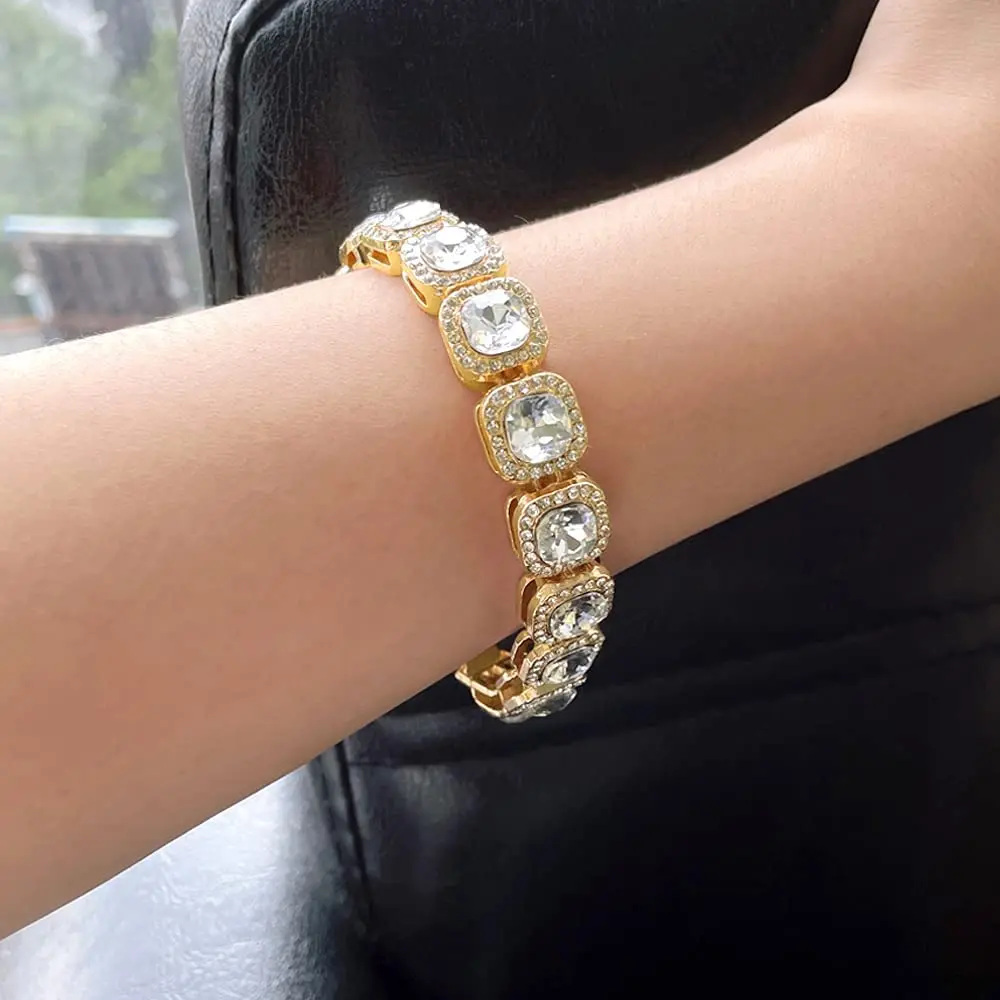 

12mm Gold Plated Iced Out Square Tennis Chain Micro Pave Cubic Zirconia Diamond Cuban Link Bracelet Hip Hop Jewelry