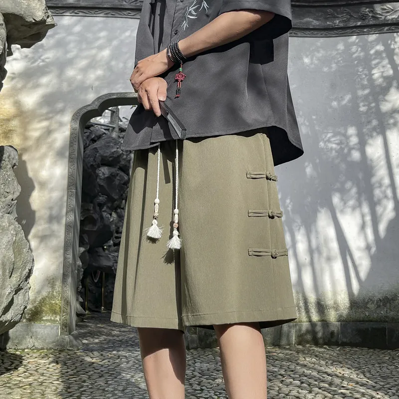 Драпированные шелковые шорты мужские летние тонкие пятые брюки с пряжкой