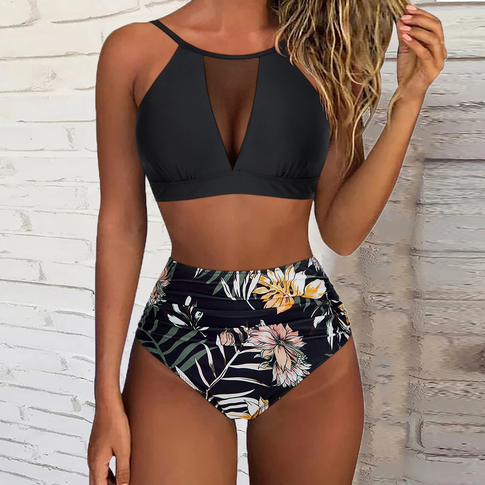 

Бикини с высокой талией 2023, купальник, женская пляжная одежда, черное Сетчатое сексуальное бикини, бикини с высокой горловиной, купальный костюм из двух предметов, купальник для женщин