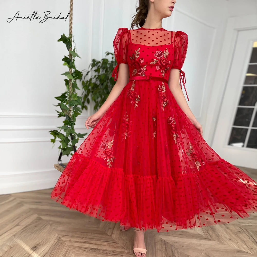 

Arietta Red Polka Dots Tulle Midi Prom Dresses Sheer Neckline Short Sleeves Appliques Tea-Length A-Line Wedding Party Gowns