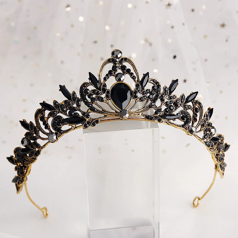 

Bridal Crystal Tiaras Crowns Queen Baroque Retro Hairband Black Princess Luxury Rhinestone Diadem Veil Wedding Hair Accessories