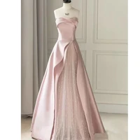 simple fashion pink prom dresses for women strapless empire sleeveless ruched a line satin tulle floor length party formal gowns