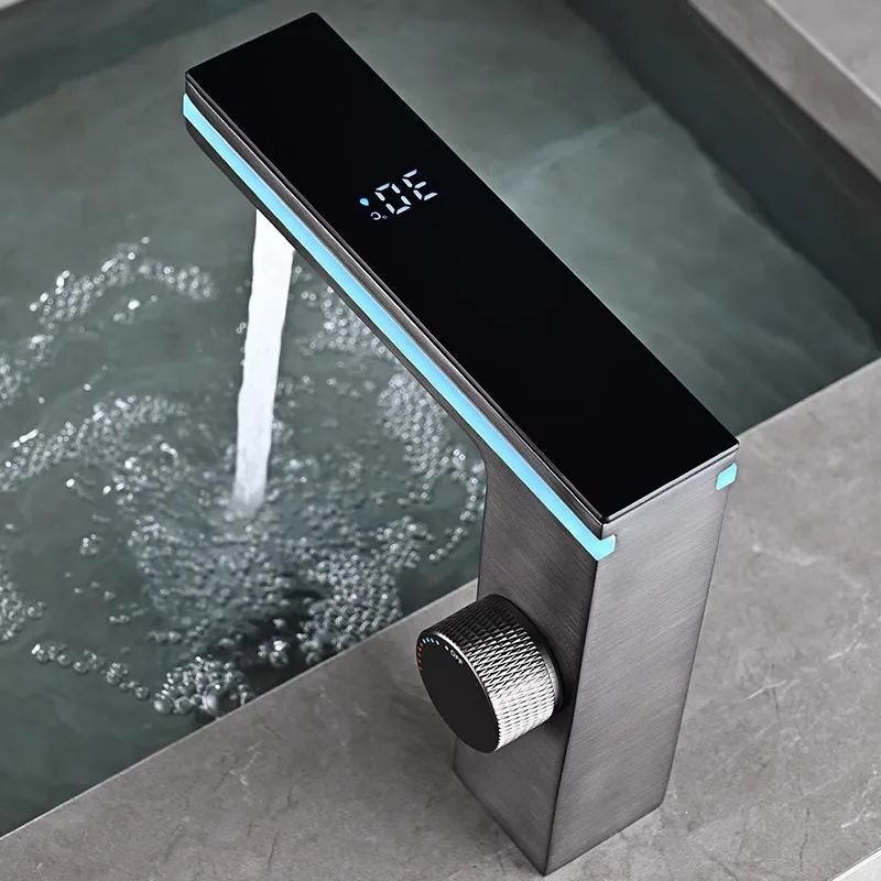 Intelligent Temperature Digital Display Bathroom Basin Faucet LED Deck Mounted Washbasin Hot Cold Water Mixer Sink Tap