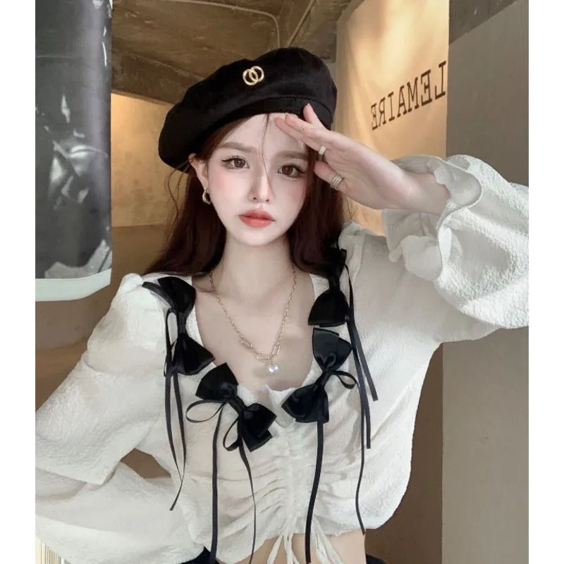 

Contrast Color Bow Drawstring Pleated Shirt Retro V Neck Long Puff Sleeve White Short Shirt Lolita Fashion Cute Girl Chic Blouse