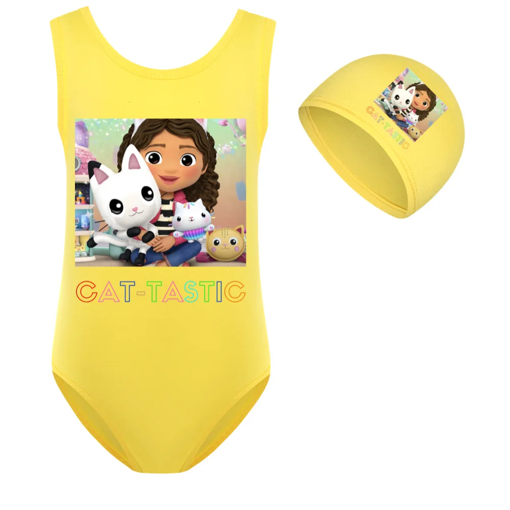 

Gabbys Dollhouse Swimwear Girls cartoon Swimsuit Kids One Piece Bearwear+cap Lovely Gabby Cats Clothes Baby Girl Bathing Suit