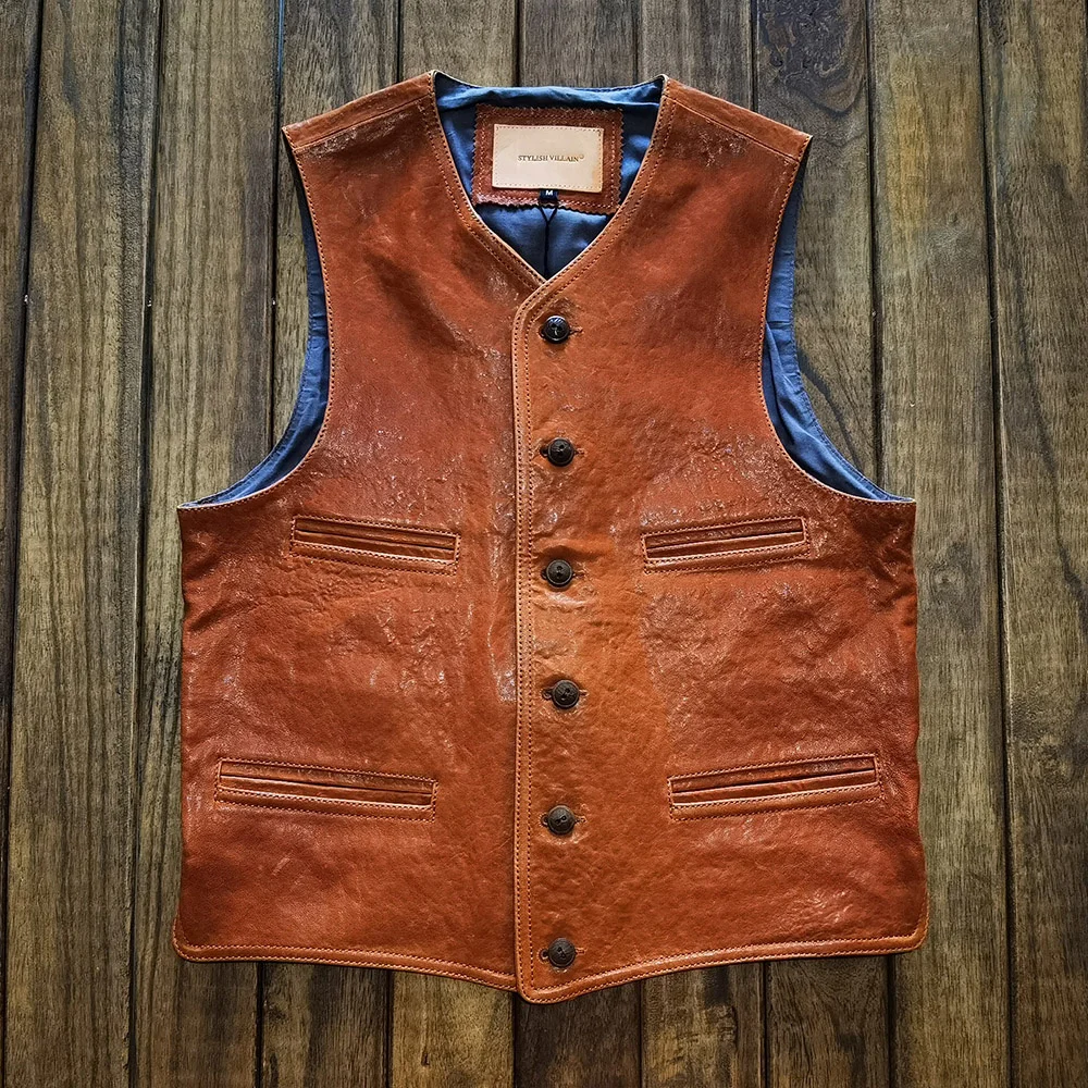 

L011 Asian Small Size Mens Super High Quality Genuine Goat Leather Brass Button Vest Stylish Waistcoat