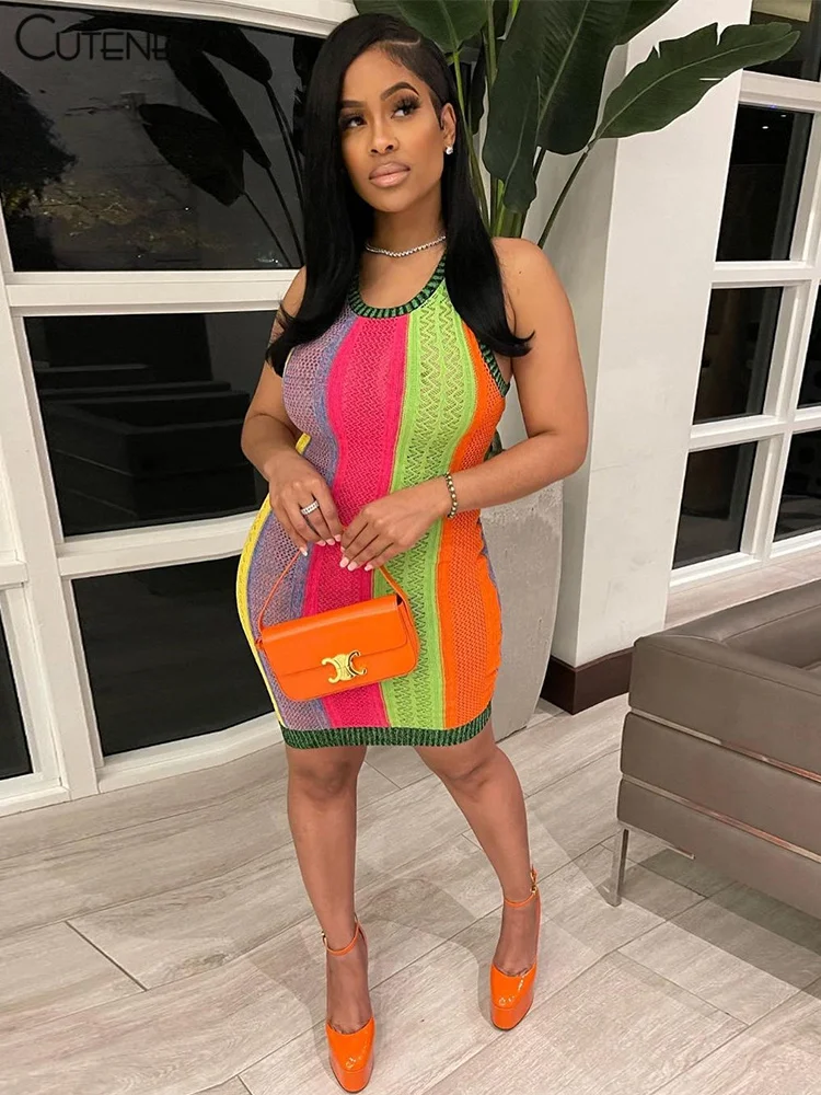 

Cutenew Sexy Mesh Multicolor Patchwork Bodycon Mini Dress Women Casual Sleeveless O-Neck Stretchy Slim Hip Skirt Lady Streetwear
