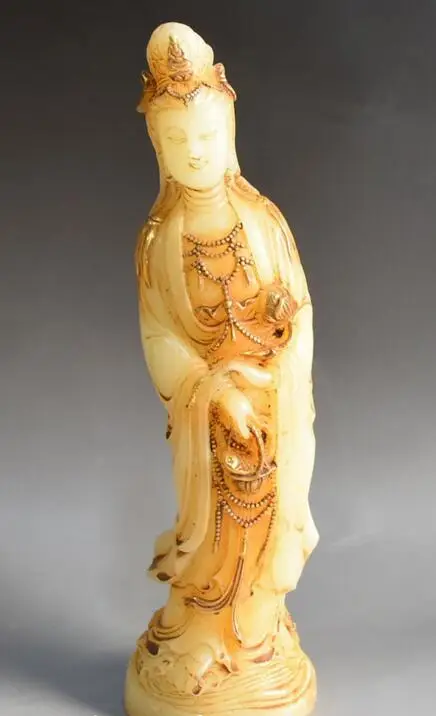 Старая китайская натуральная белая Нефритовая позолоченная Кван-Инь Гуань Инь