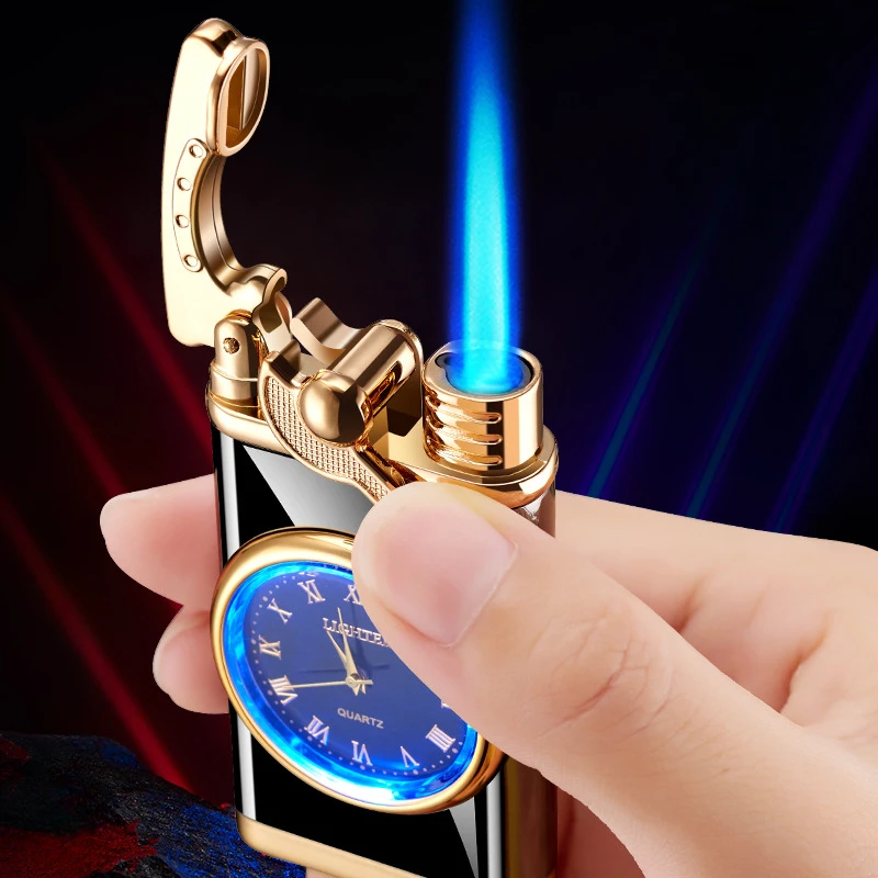 

2023 New Rocker Arm Watch Metal Creative Gas Blue Flame Lighters Jet Butane Torch Windproof Cigar Lighter Gadgets Gift for Men