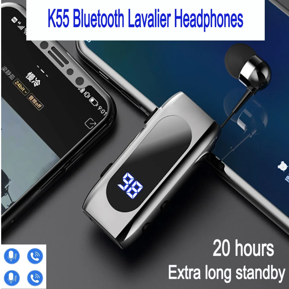 

K55 Lavalier Business Bluetooth 5.2 Headphone Talk/Music Time 20 Hours LED Digital Display Noice Cancelling Wireless Earphones