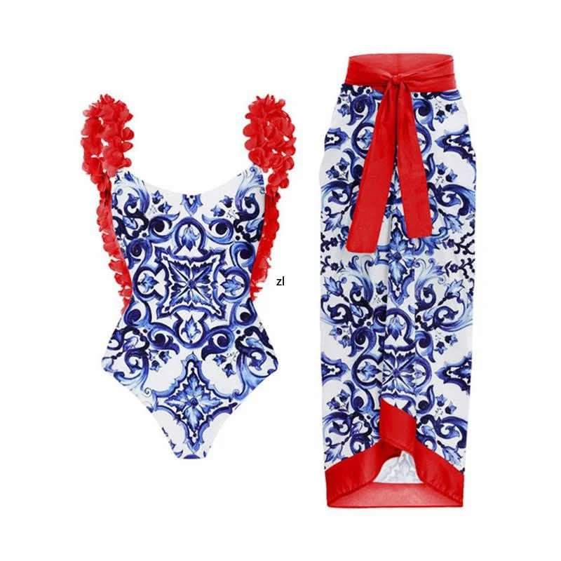 2 Piece Set Open Back Wrap Chest One Piece Swimsuit Set Bikini Women Outfit Red Printed Beach Dress Slim Sexy Suit 2023 Spring