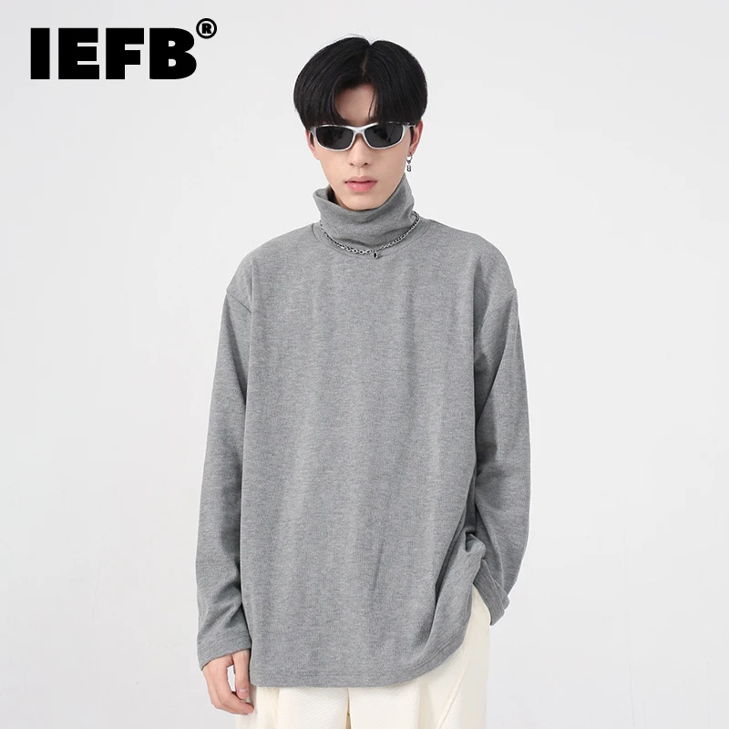 

Футболка IEFB мужская свободного кроя, простая тенниска с высоким воротником, однотонная майка в Корейском стиле, одежда на осень, 2022