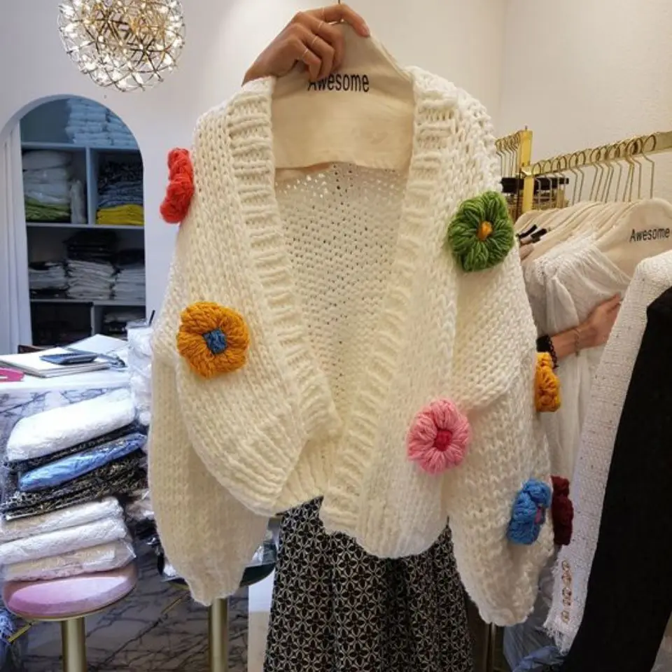 

Autumn Crocheted 3D Flowers Sweater Coat Lantern Sleeves Sweet Thick Knitted Cardigan Hooked Floral Embroidery Knitwear Tops