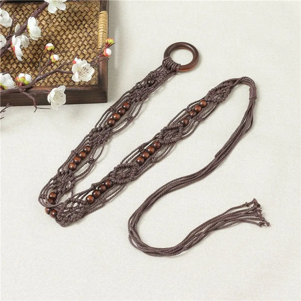 Hand Woven DIY All-match Waist Rope Boho Beads Round Wooden Button Women Waist Chain Ethnic Style Belts Braided Belt
