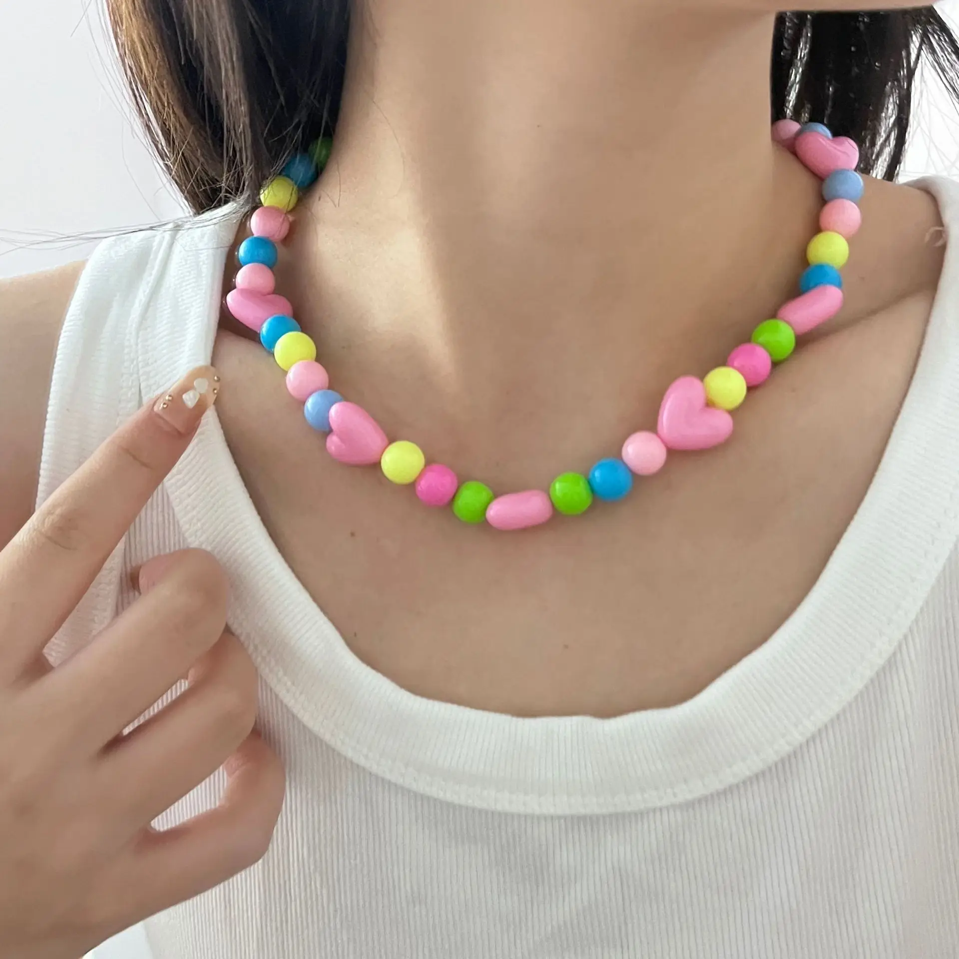 

Summer Color Macaron Love Ball Stitching Beaded Necklace Female Ins Wild Sweet Cool Small Fresh Collarbone Chain