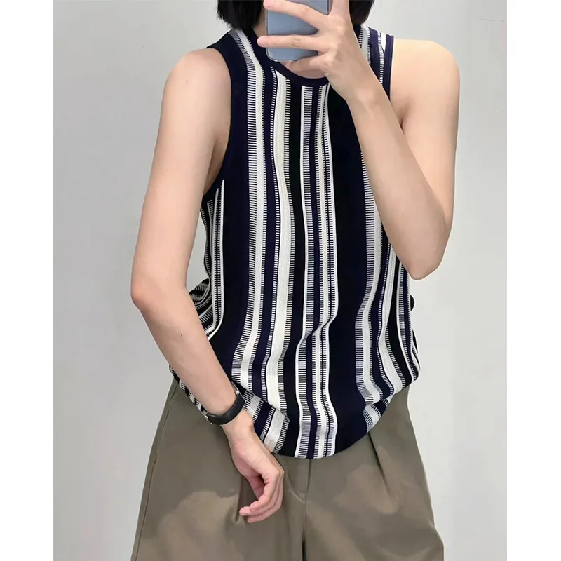 

EOS 2023 Women Vertical Striped Summer Ribbed Knitted Tank High Quality High Street Casual Top Free Shipping
