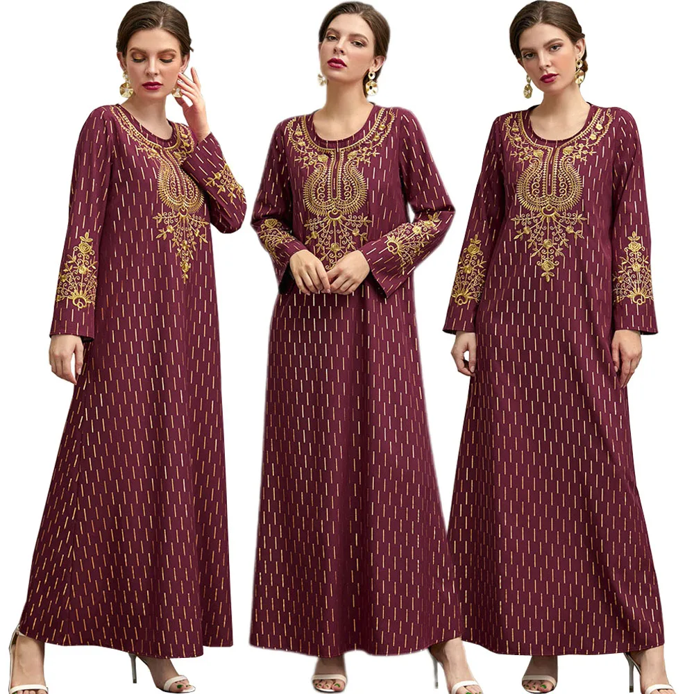 

Ramadan Muslim Women Long Dress Embroidery Dubai Abaya Arab Caftan Jalabiya Gold Stamping Maxi Robe Middle East Islamic Clothing