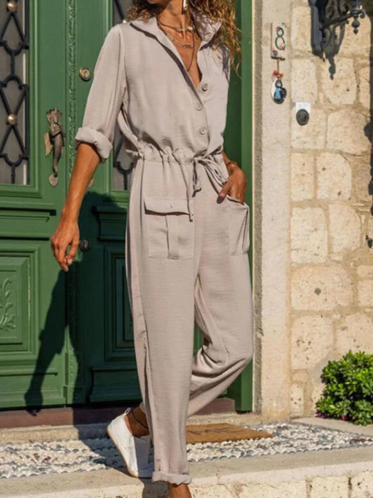 

Long Sleeve Ol Casual Temperament Rompers Women Lapel Buttoned Elegant Slim Jumpsuits Summer Ladies Long Pencil Pants Overalls