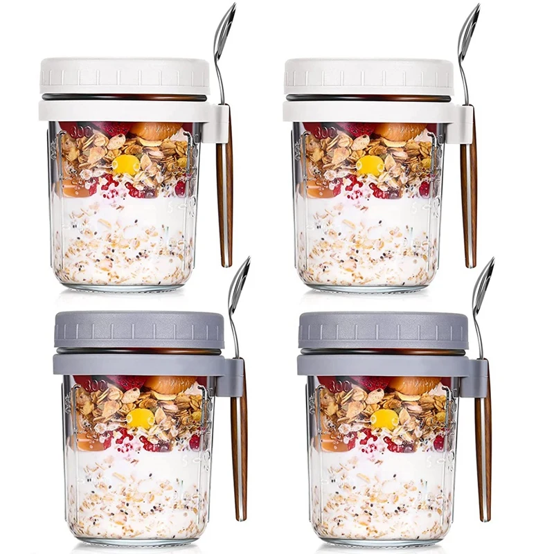 

4PCS Overnight Oatmeal Cups Overnight Oat Jars With Spoons Airtight Oatmeal With Measurement Marks