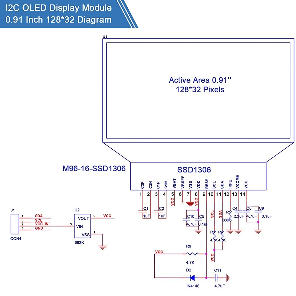 Модуль дисплея I2C 0 91 дюйма 2 шт. модуль SSD1306 OLED синий драйвер OLED-экрана постоянный