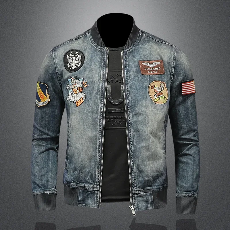 

2023 New Design Jeans Jacket Men Fashion Slim Fit Embroidery Badge Denim Jacket Men Motobiker Varsity Jacket Jean Coat for Men