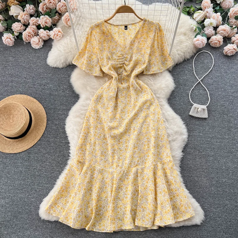 

French Chic Dress Beach Style V Neck Slinky Ruffles Folds Summer Dresses Floral Printing Puff Sleeve Women Clothes Dropshipping