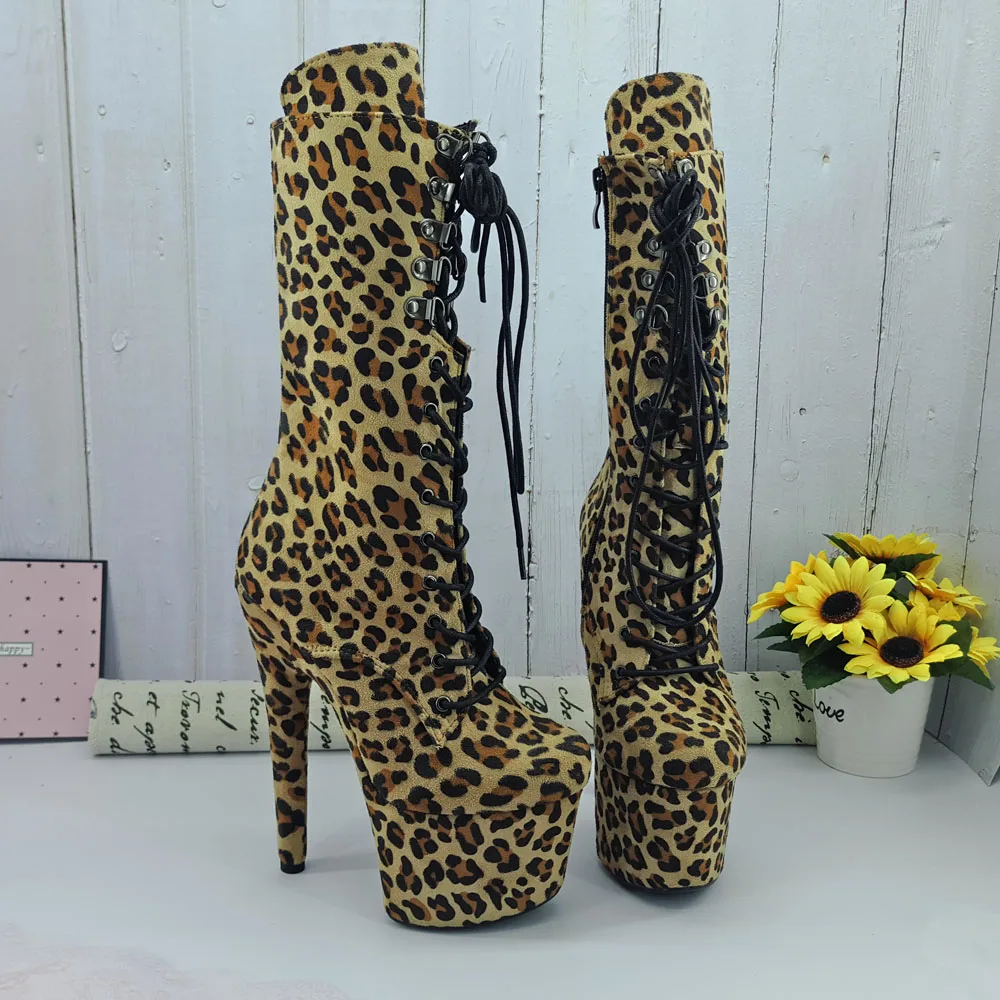 Leecabe Leopard suede materials 17CM/7inches Pole dancing shoes High Heel platform Boots closed toe Pole Dance boots