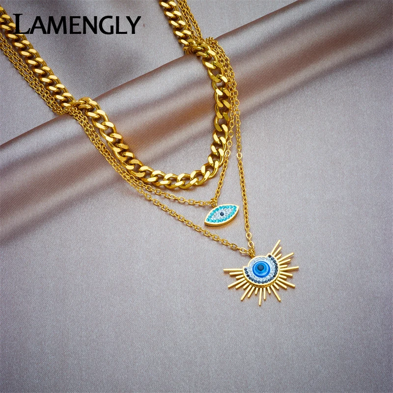 

LAMENGLY 316L Stainless Steel Big Eyes Pendant Necklace For Women New Trend Multilayer Chains Waterproof Jewelry Party Gift