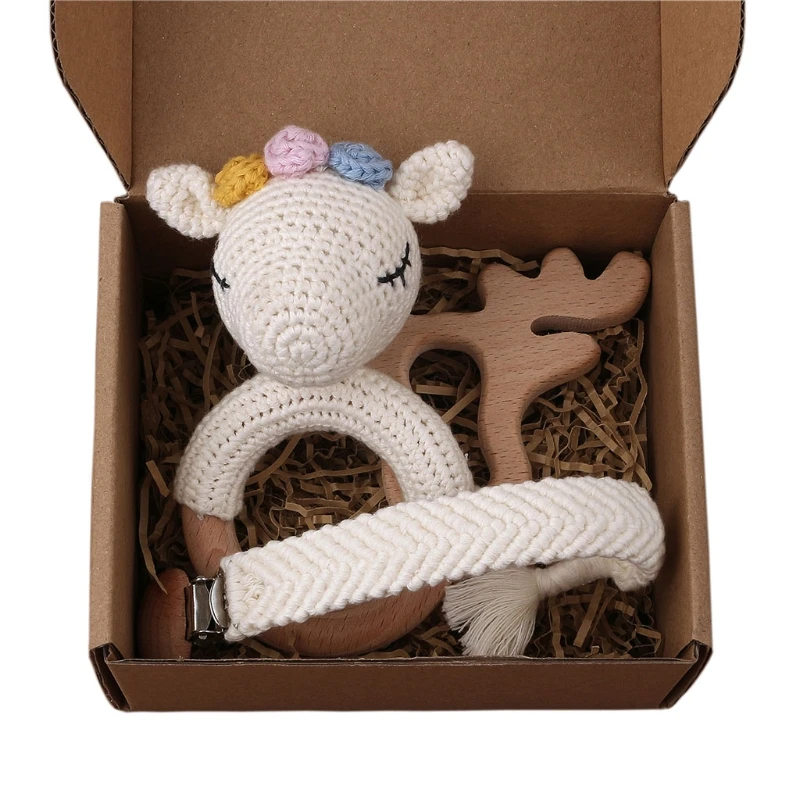 

New 1 Set Baby Newborn Knitted Cotton Deer Wooden Ring Teether+Pacifier Clip Chain Dummy Holder DIY Crochet Rattle Bracelet Toys