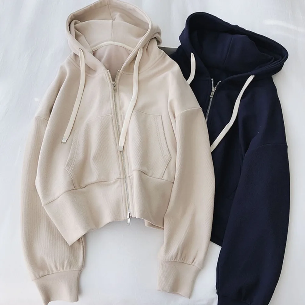 

Solid Hooded Zipper Up Crop Hoodies Beige Blue Spring Women Crop Tops