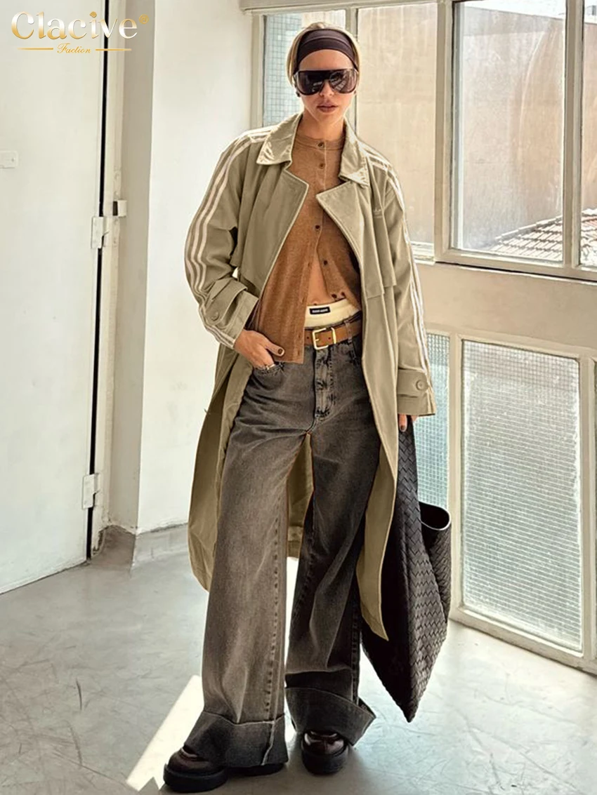 Зимняя свободная Классическая Ветровка цвета хаки с отложным воротником и