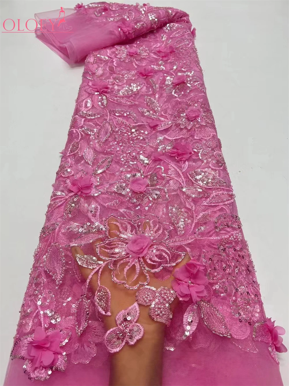 2024 модная французская сетка 3D Цветочная вышивка из бисера кружевная ткань с