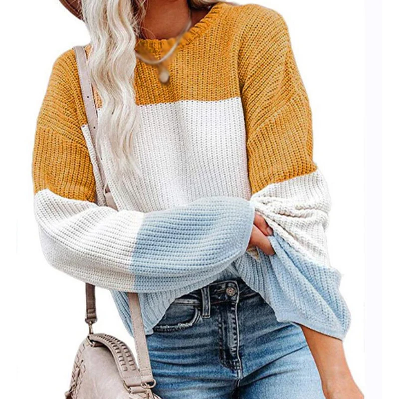 

Autumn Winter Women's Knitted Sweater Knitwear Loose Fit Long Sleeve Color Block Crewneck Knitted Pullover