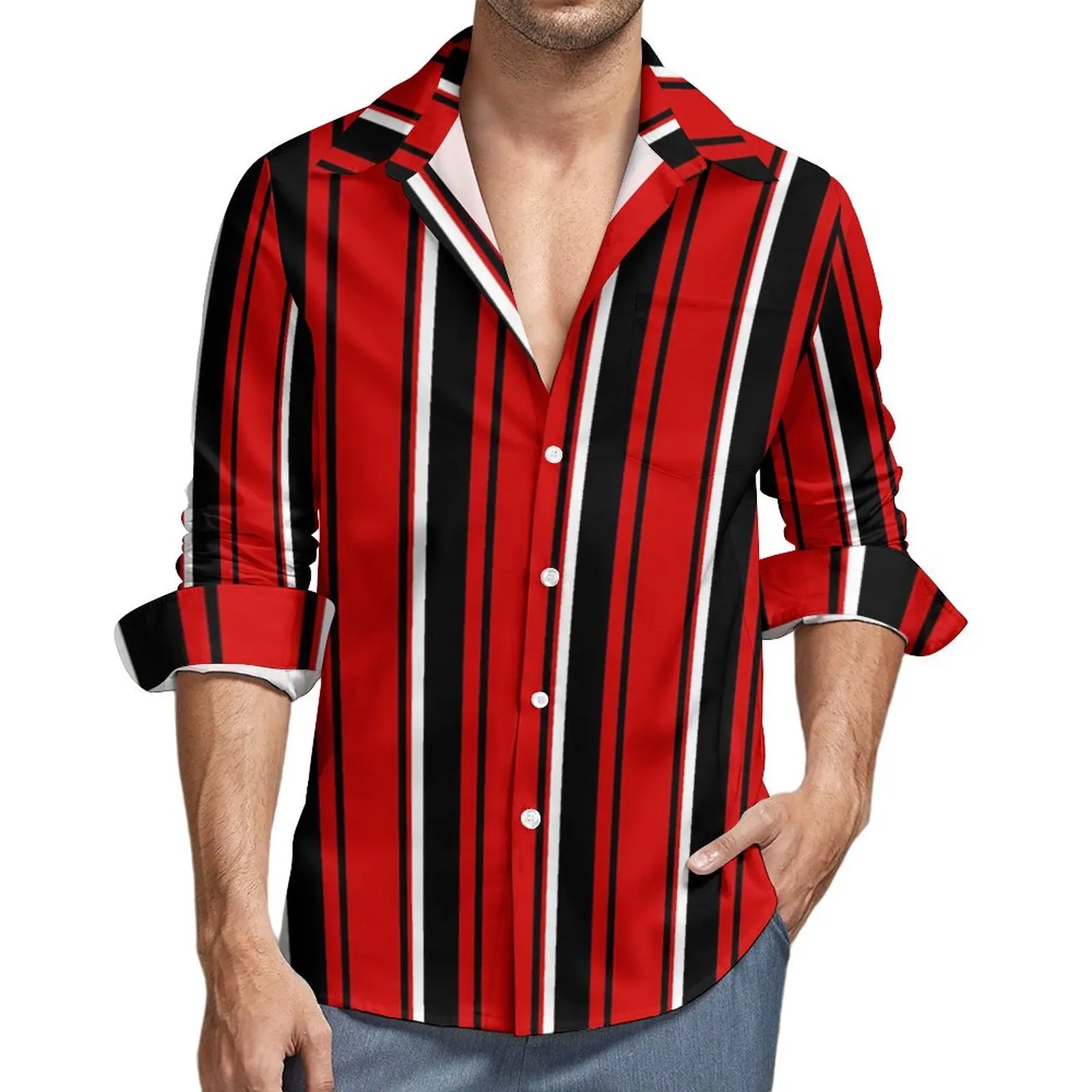 

Red And White Striped Shirt Men Striped Print Casual Shirts Autumn Stylish Design Blouses Long Sleeve Trending Oversize Clothes