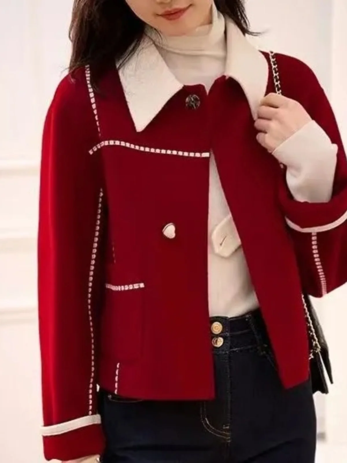 Изящное красное двустороннее кашемировое пальто женское зимнее 2024 новая