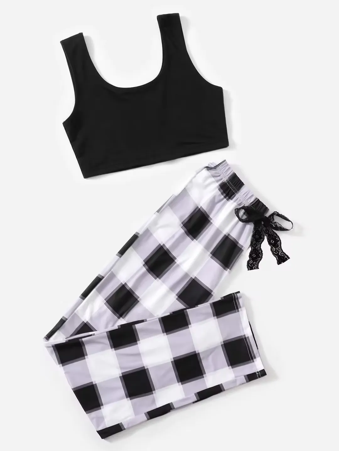 Tank Top & Buffalo Plaid Bow Detail Pants Pajamas Set Fashion Two-piece Nightdress Home Clothing Set