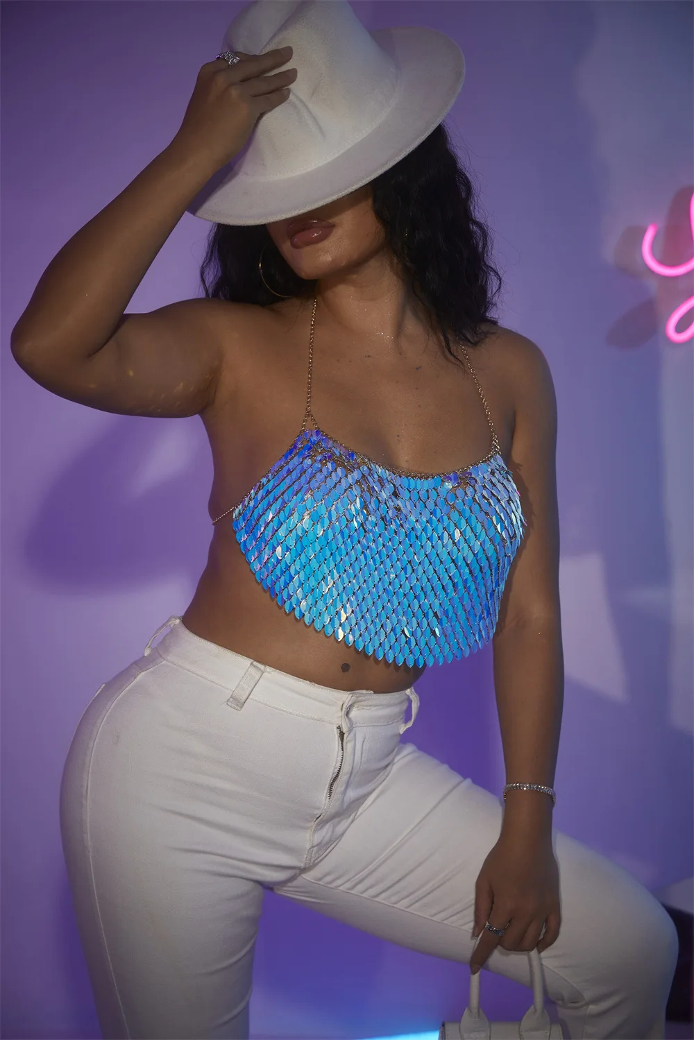 

Backless Sequined Crop Top for Women, Halter Top, Shiny Metal Chain, Halter Top, Night Party, Summer Camisole, 2023