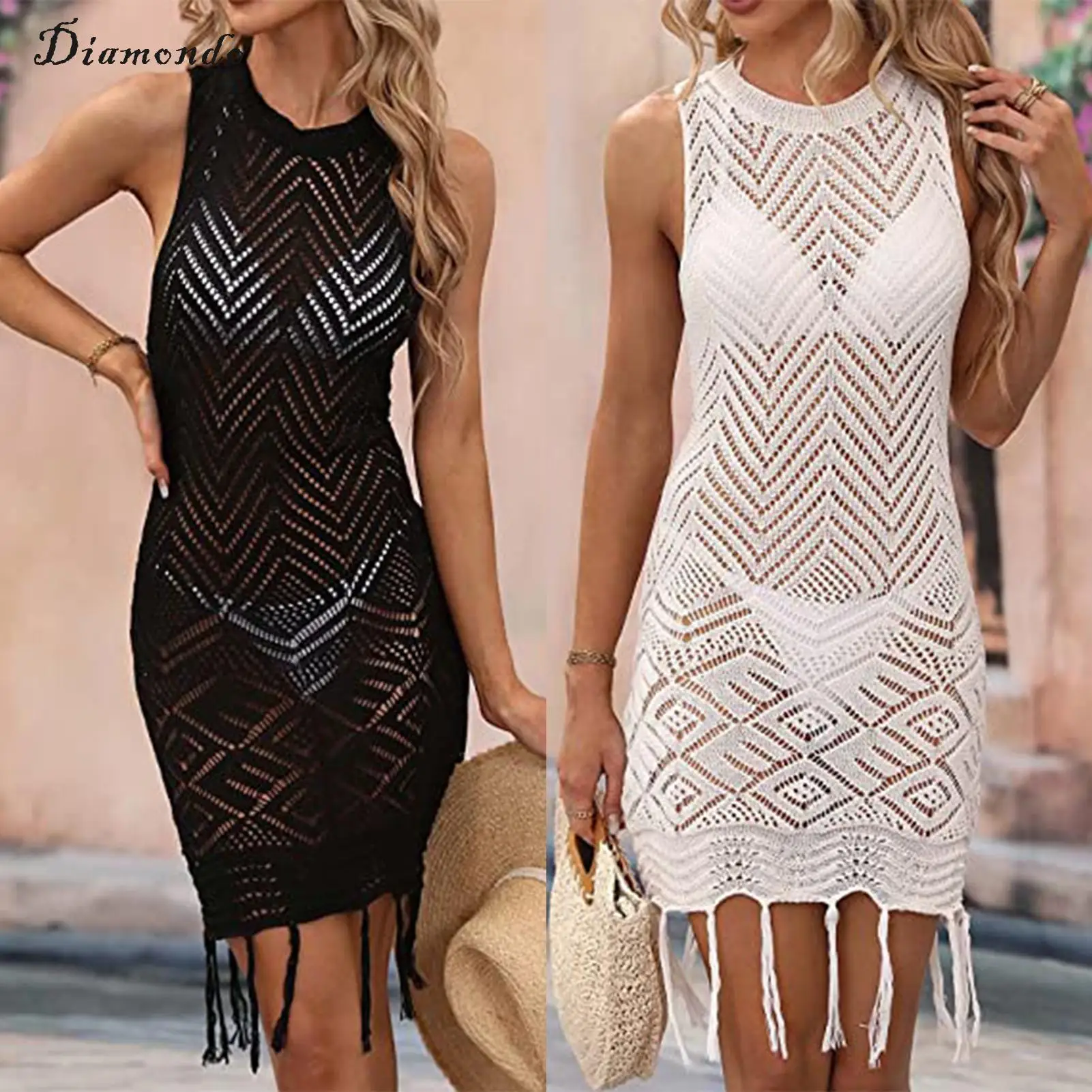 

Tassels Hem Quilting Knitted Dress Crew Neck Women Elegant Tunic Dress Solid Color See Through Vacation Clothing