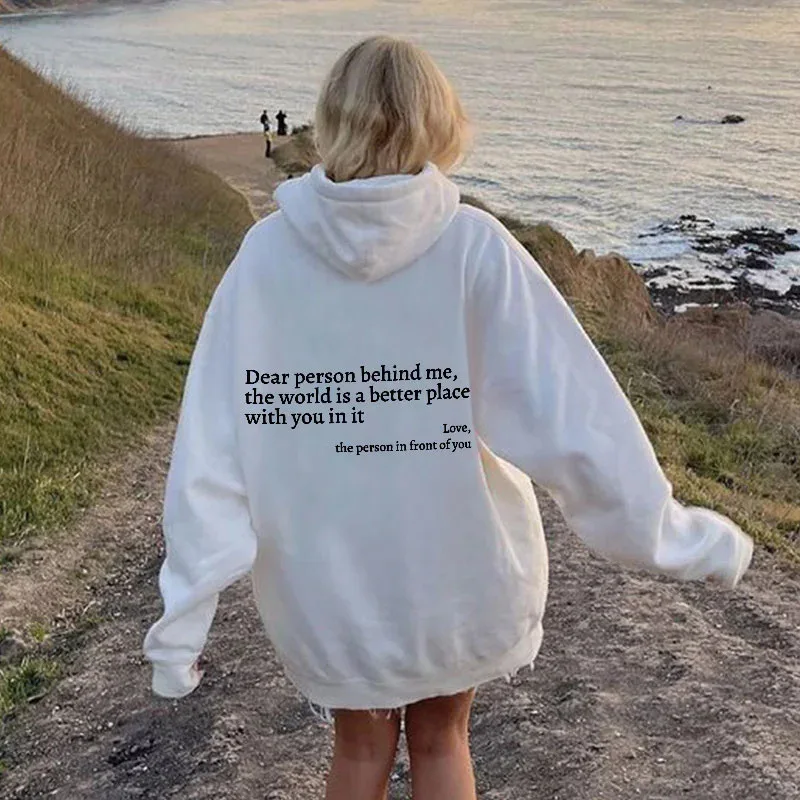Foreign trade Women's brushed hoody plain letter printed kangaroo pocket drawstring printed hoodie