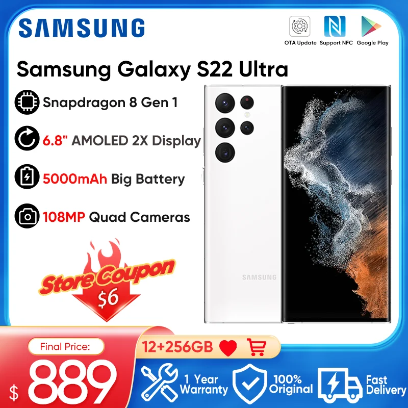 Оригинальный Samsung Galaxy S22 Ultra Snapdragon 8 Gen 1 Android 12 6,8 