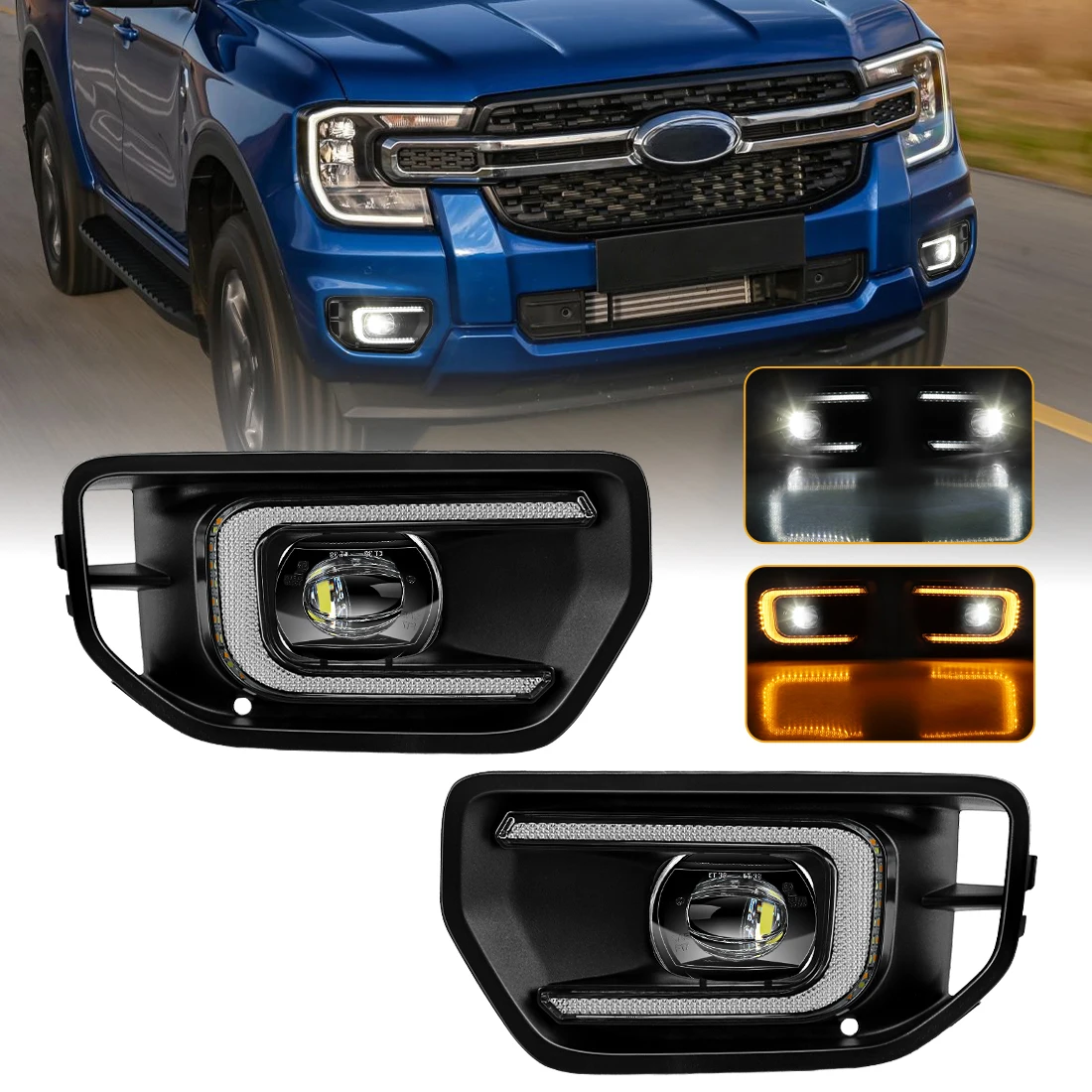 Фото Комплект светодиодных ДХО и противотуманных фар для Ford RANGER T9 XL XLT 2023 2024 2025, передние дневные ходовые огни, противотуманные фары, динамический указатель поворота, 12В №1