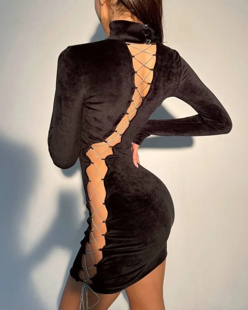 

Mini Dress Women Spring 2021 New Back Hollow Out Sexy Dress Tight Black Party Dress