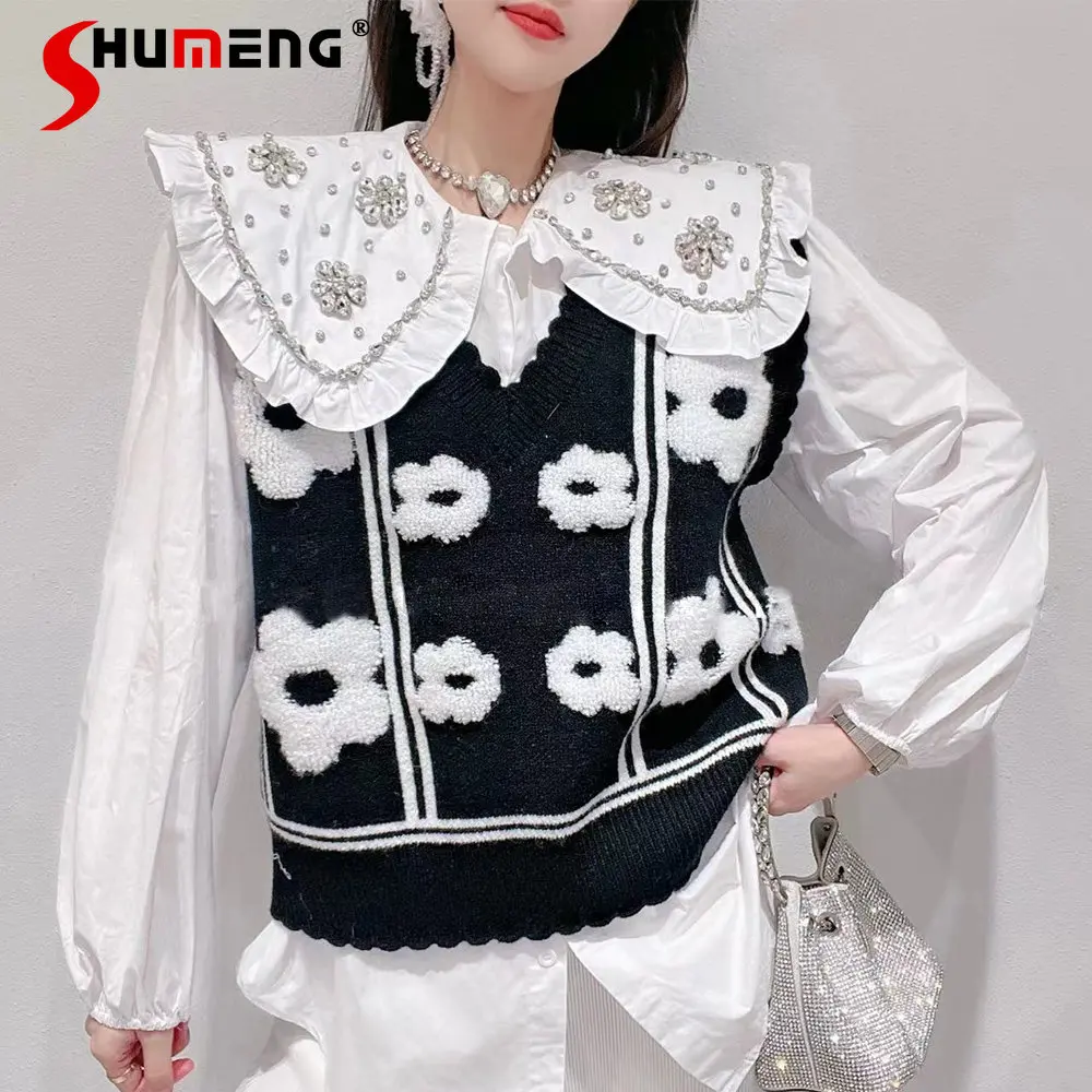 Women's 2023 Spring New Korean Style Sweet Rhinestone Peter Pan Collar White Shirt Fashion Trendy Knitted Vest Two-Piece Suit