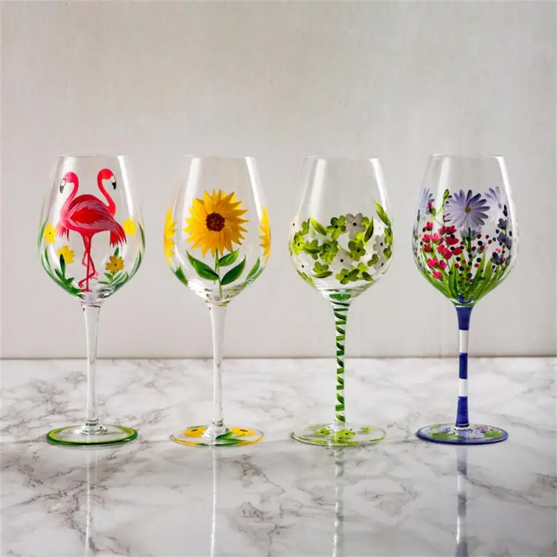 

Nordic Colored Glass Wine Glasses Creative Hand-Painted Flowers Wine Glass Household Painted Goblet Crystal Champagne Drinkware