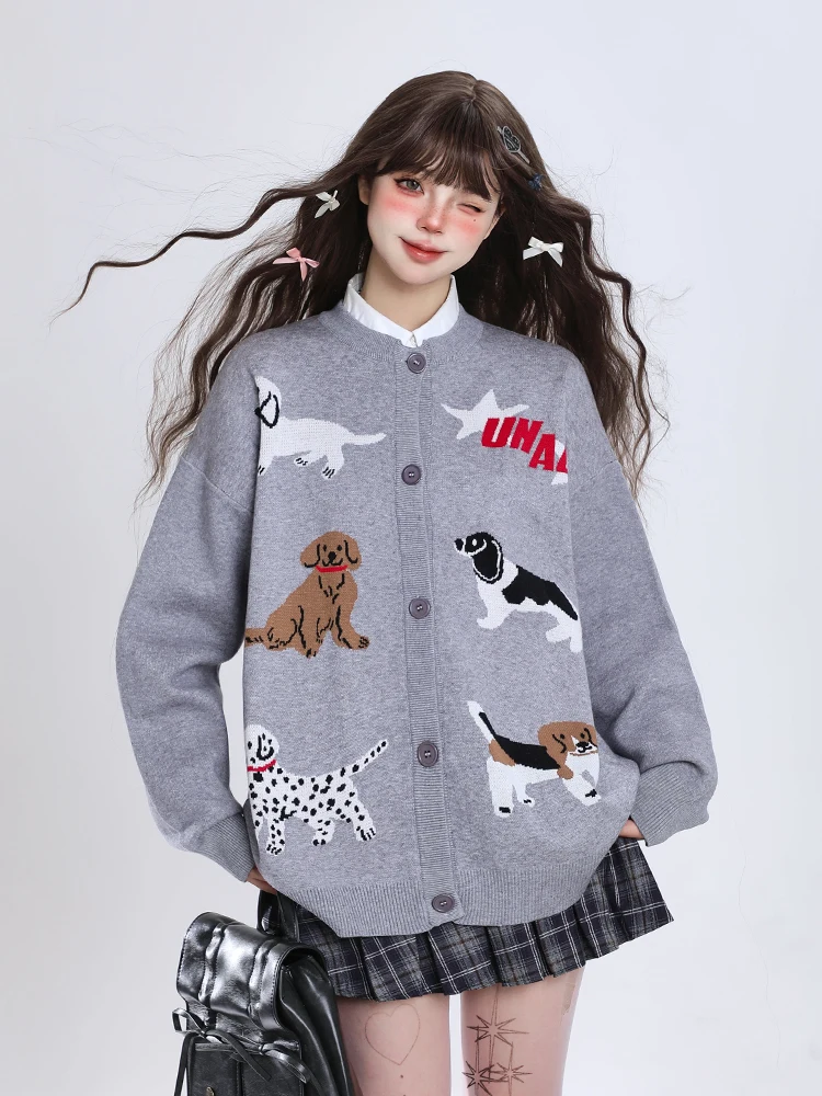 American vintage Cartoon Puppy Knit cardigan Autumn and Winter New Wear Idle Sle Korean Series Loose Sweater Outerwear Women