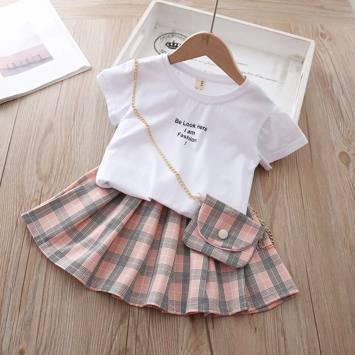 Girls' Suit Summer New Style British Style Skirt Suit Two-piece Suit Chain Bag  Kids Clothes Girls Kids Clothes Girls