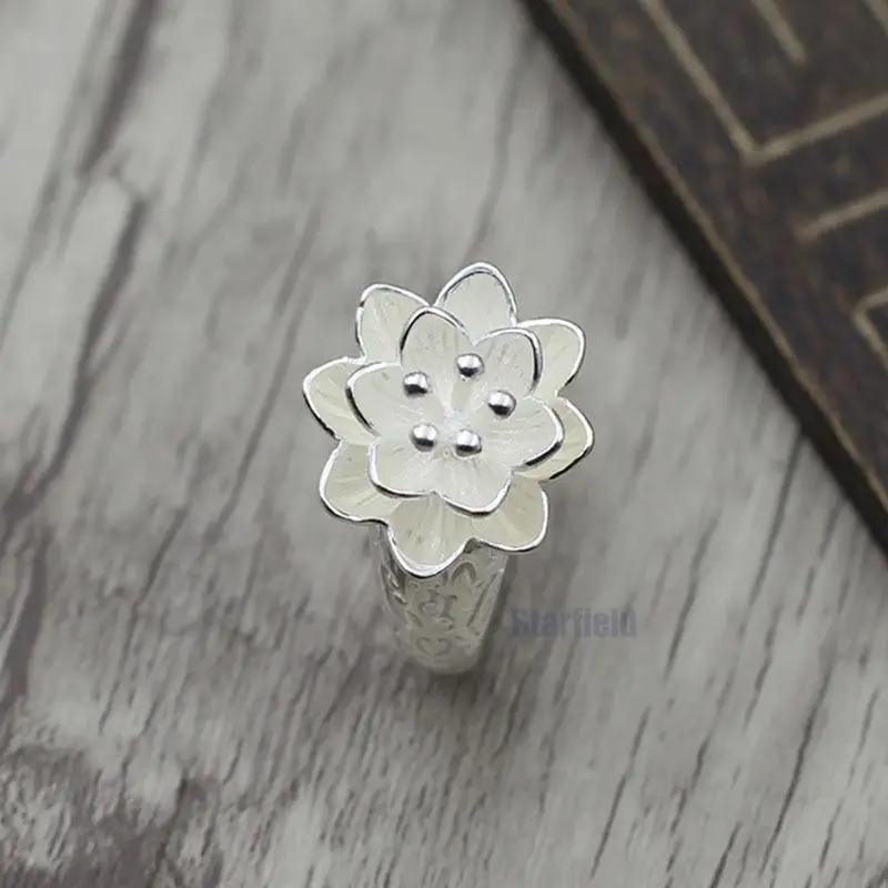

S925 Sterling Silver Jewelry Beautiful Simple Simple Lady Opening Adjustable Acupuncture Element Silver Personalized Lotus Ring