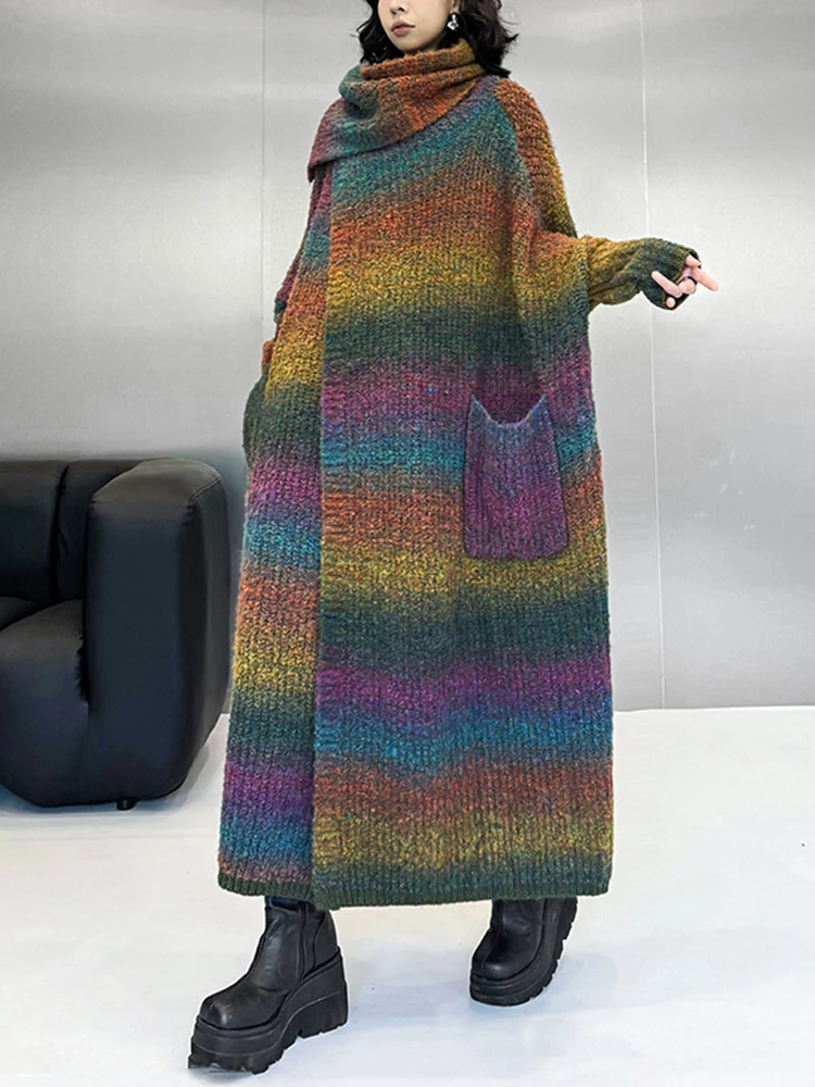 [EAM] Зеленый длинный вязаный кардиган большого размера свитер шарф воротник рукав